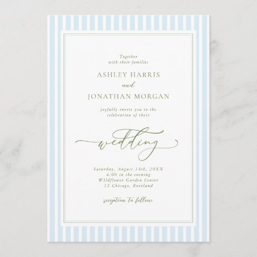 Elegant Blue & Sage Striped Wedding Invitation 招待状 (正面)