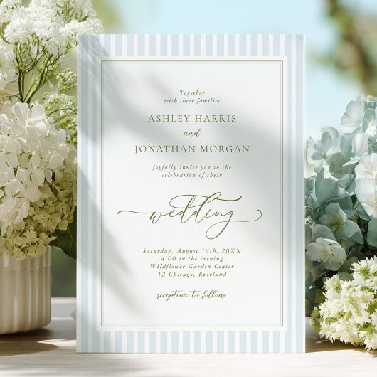 Elegant Blue & Sage Striped Wedding Invitation 招待状