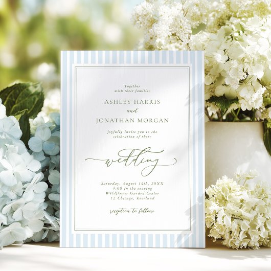 Elegant Blue & Sage Striped Wedding Invitation 招待状