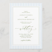 Elegant Blue & Sage Striped Wedding Invitation 招待状 (正面)