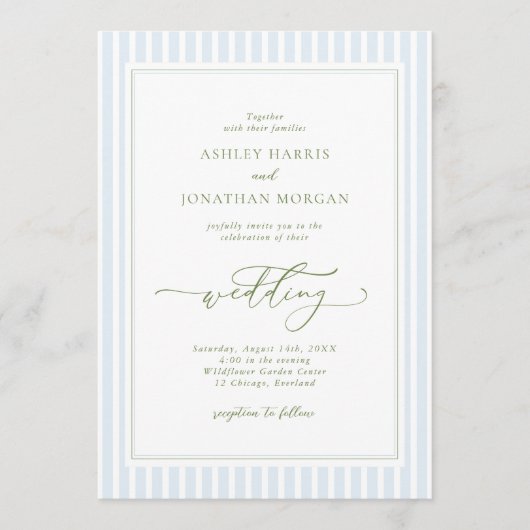 Elegant Blue & Sage Striped Wedding Invitation 招待状 (正面)
