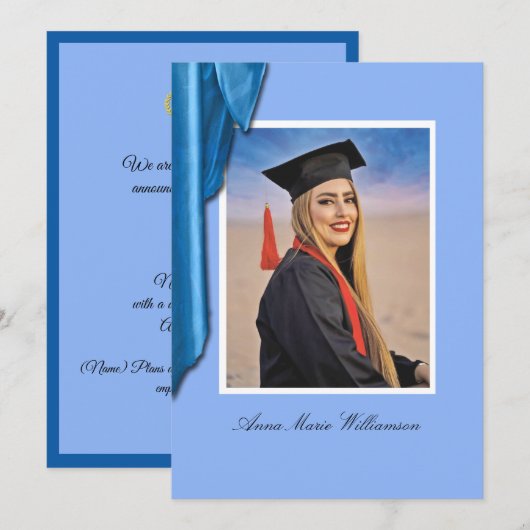 Elegant Blue Satin Graduation Announcement 招待状 (正面/裏面)