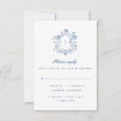 Elegant Blue Script Floral Crest Wedding RSVP (正面)