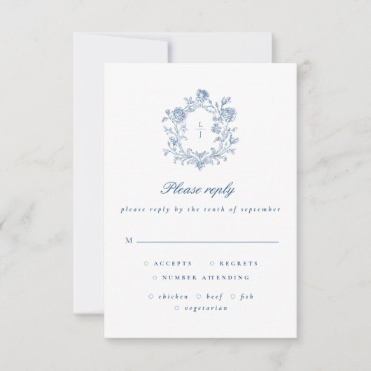 Elegant Blue Script Floral Crest Wedding RSVP (正面)