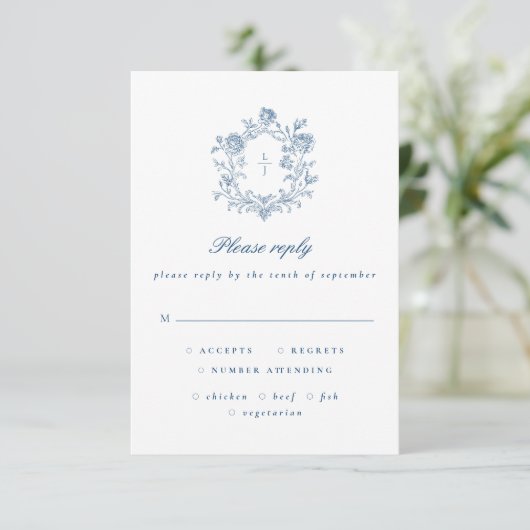 Elegant Blue Script Floral Crest Wedding RSVP (スタンド正面)
