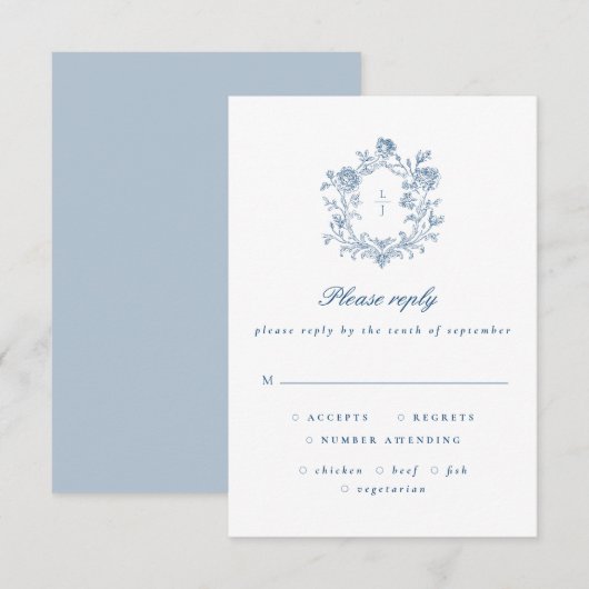 Elegant Blue Script Floral Crest Wedding RSVP (正面/裏面)