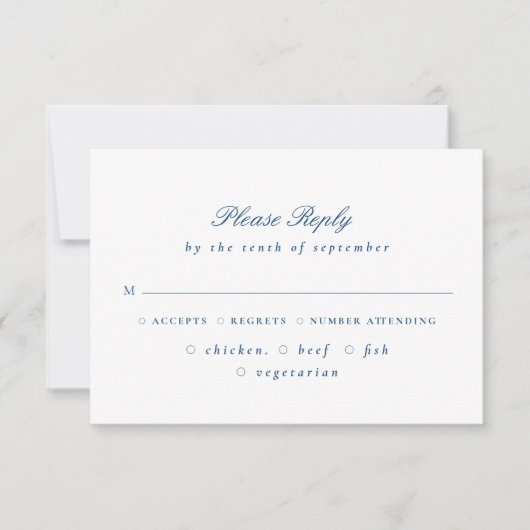 Elegant Blue Script Floral Crest Wedding RSVP (正面)