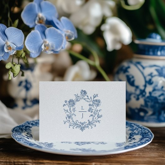 Elegant Blue Script Floral Crest Wedding RSVP