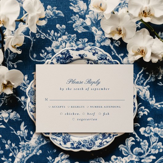 Elegant Blue Script Floral Crest Wedding RSVP