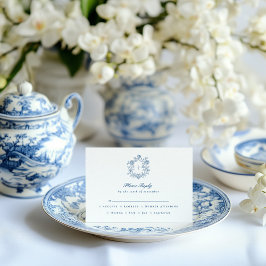 Elegant Blue Script Floral Crest Wedding RSVP