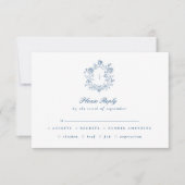 Elegant Blue Script Floral Crest Wedding RSVP (正面)