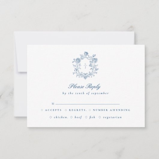 Elegant Blue Script Floral Crest Wedding RSVP (正面)