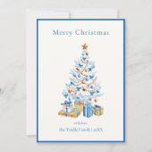 Elegant Blue Script Watercolor Christmas Tree シーズンカード (正面)