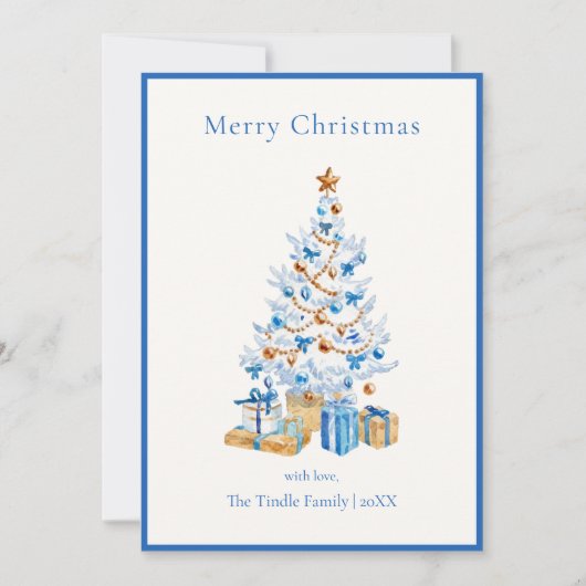 Elegant Blue Script Watercolor Christmas Tree シーズンカード (正面)