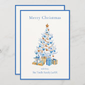 Elegant Blue Script Watercolor Christmas Tree シーズンカード (正面/裏面)