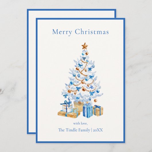 Elegant Blue Script Watercolor Christmas Tree シーズンカード (正面/裏面)