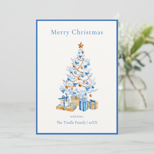 Elegant Blue Script Watercolor Christmas Tree シーズンカード (スタンド正面)