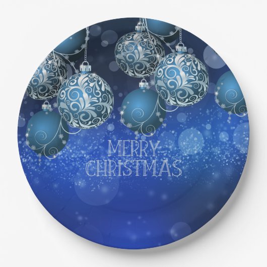 Elegant Blue & Silver Baubles Christmas ペーパープレート (正面)
