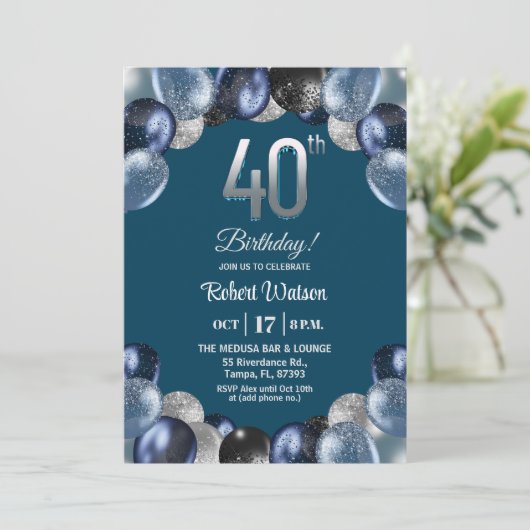 Elegant Blue Silver Glitter 40th Birthday Photo 招待状 (スタンド正面)