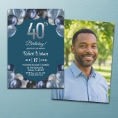 Elegant Blue Silver Glitter 40th Birthday Photo 招待状