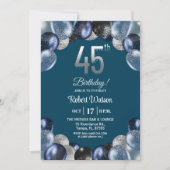 Elegant Blue Silver Glitter 45th Birthday Party 招待状 (正面)