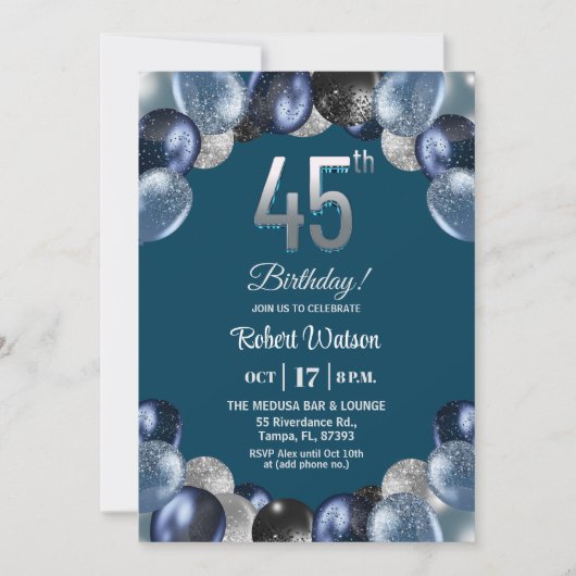 Elegant Blue Silver Glitter 45th Birthday Party 招待状 (正面)