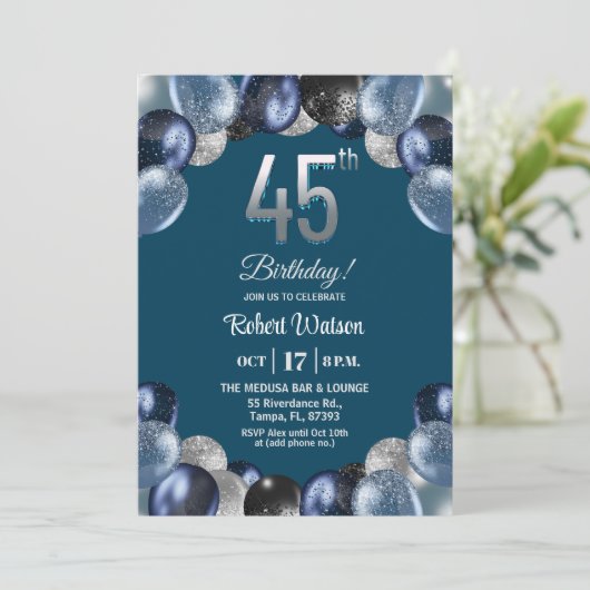 Elegant Blue Silver Glitter 45th Birthday Party 招待状 (スタンド正面)