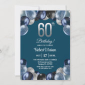 Elegant Blue Silver Glitter 60th Birthday Photo 招待状 (正面)
