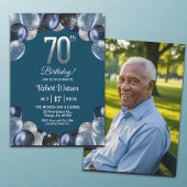 Elegant Blue Silver Glitter 70th Birthday Photo 招待状
