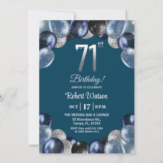 Elegant Blue Silver Glitter 71st Birthday Party 招待状 (正面)