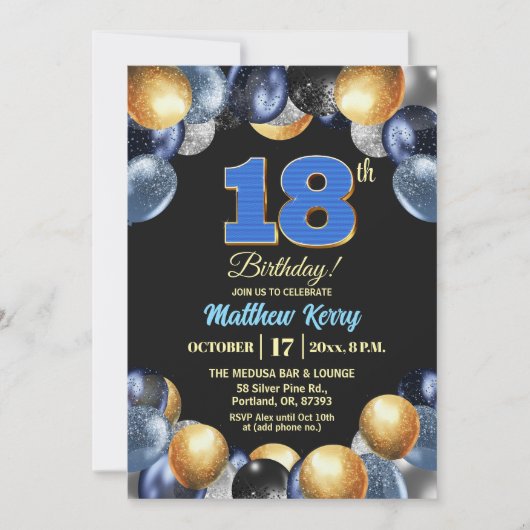 Elegant Blue Silver Gold 18th Birthday Party 招待状 (正面)