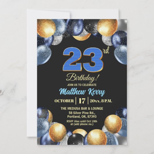 Elegant Blue Silver Gold 23rd Birthday Photo 招待状 (正面)