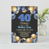 Elegant Blue Silver Gold 40th Birthday Photo 招待状 (スタンド正面)