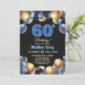 Elegant Blue Silver Gold 60th Birthday Photo 招待状 (スタンド正面)