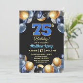 Elegant Blue Silver Gold 75th Birthday Photo 招待状 (スタンド正面)