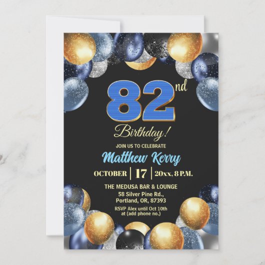 Elegant Blue Silver Gold 82nd Birthday Photo  招待状 (正面)