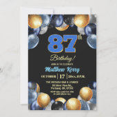 Elegant Blue Silver Gold 87th Birthday Party  招待状 (正面)