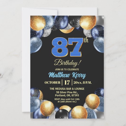 Elegant Blue Silver Gold 87th Birthday Party  招待状 (正面)