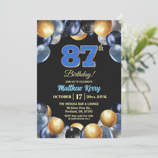 Elegant Blue Silver Gold 87th Birthday Party 招待状 (スタンド正面)