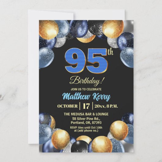 Elegant Blue Silver Gold 95th Birthday Party 招待状 (正面)