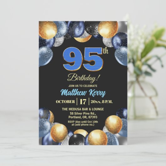 Elegant Blue Silver Gold 95th Birthday Party 招待状 (スタンド正面)