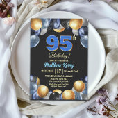 Elegant Blue Silver Gold 95th Birthday Party 招待状