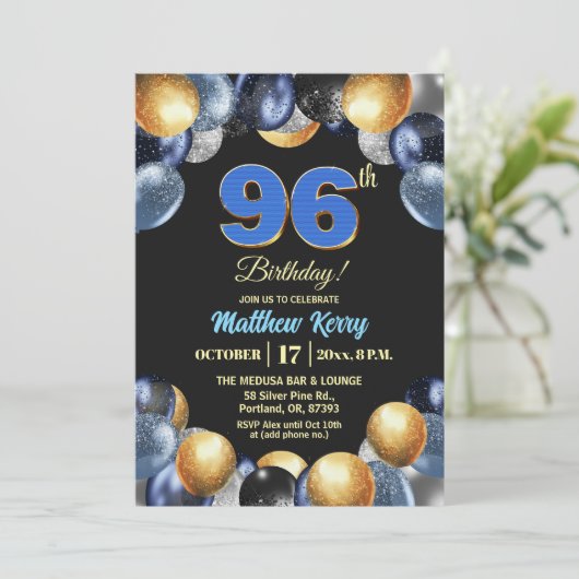 Elegant Blue Silver Gold 96th Birthday Photo 招待状 (スタンド正面)