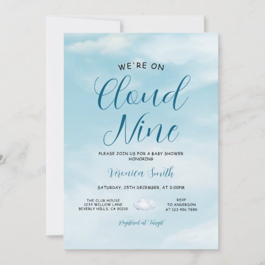 Elegant Blue Sky Cloud Nine Baby Shower Theme 招待状 (正面)