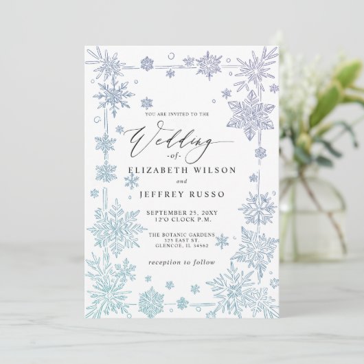 Elegant Blue snowflakes Winter Wedding 招待状 (スタンド正面)