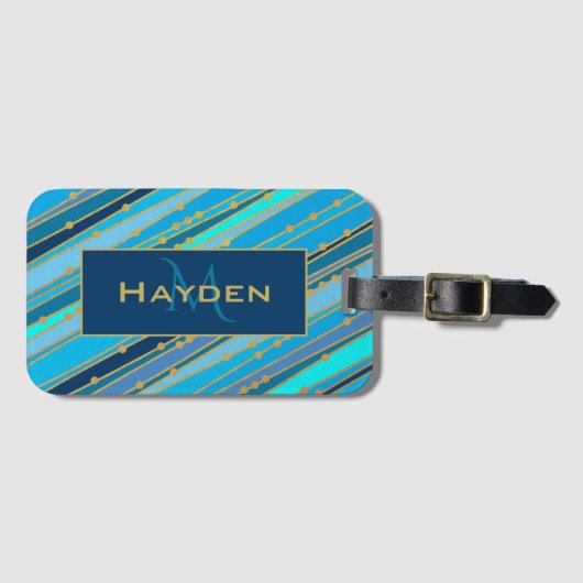 Elegant Blue Stripes and Gold Dots Personalised ラゲッジタグ (正面横)