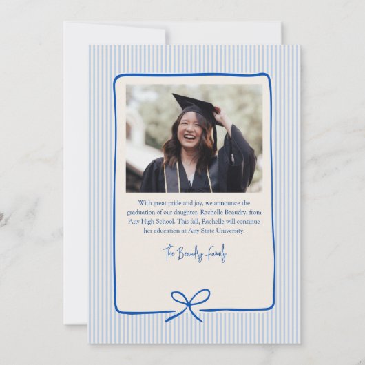 Elegant Blue Stripes Bow Frame Graduation Photo  案内状 (裏面)