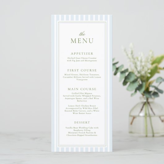 Elegant Blue Stripes Bridal Shower Menu メニュー (スタンド正面)