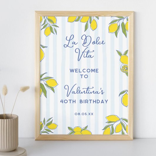 Elegant Blue Stripes & Hand Drawn Lemons Welcome ポスター