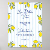 Elegant Blue Stripes & Hand Drawn Lemons Welcome ポスター (正面)